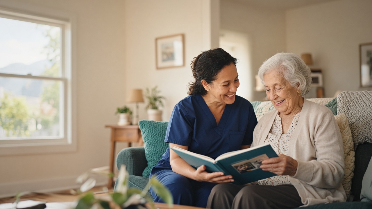 Caregiver and an older woman looking at a photo book together