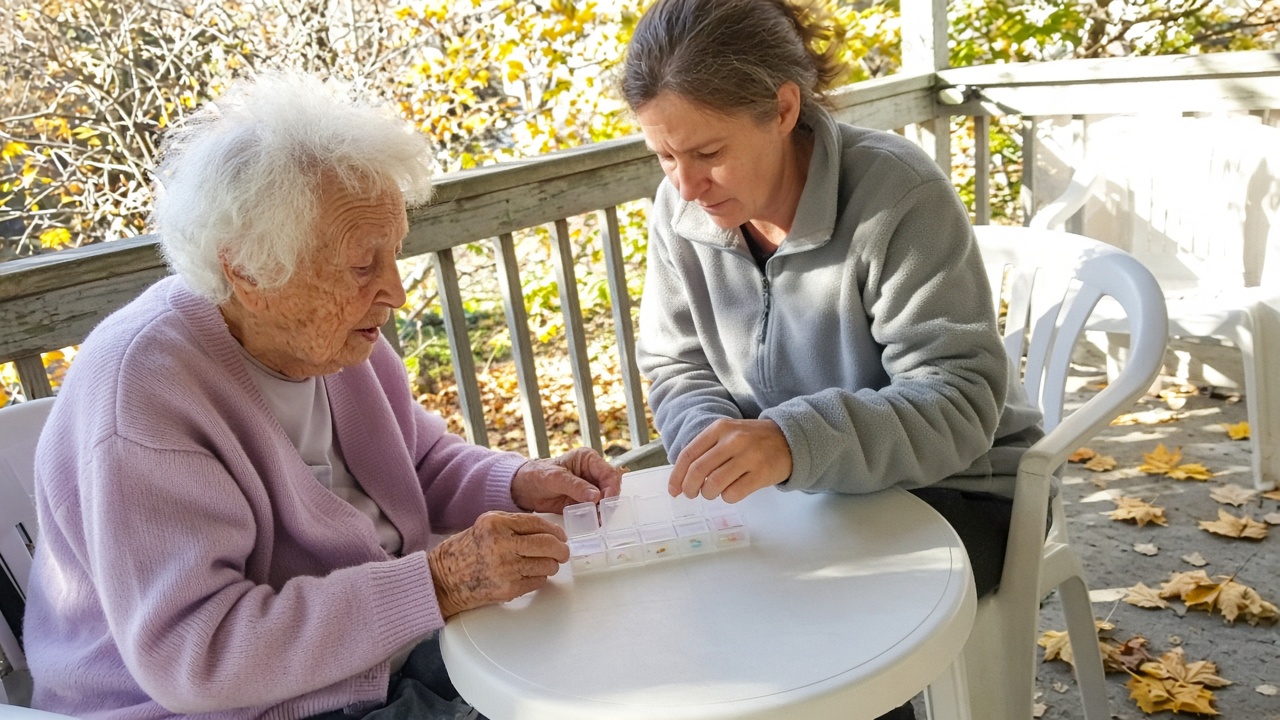 Going over a pill organizer together on the porch