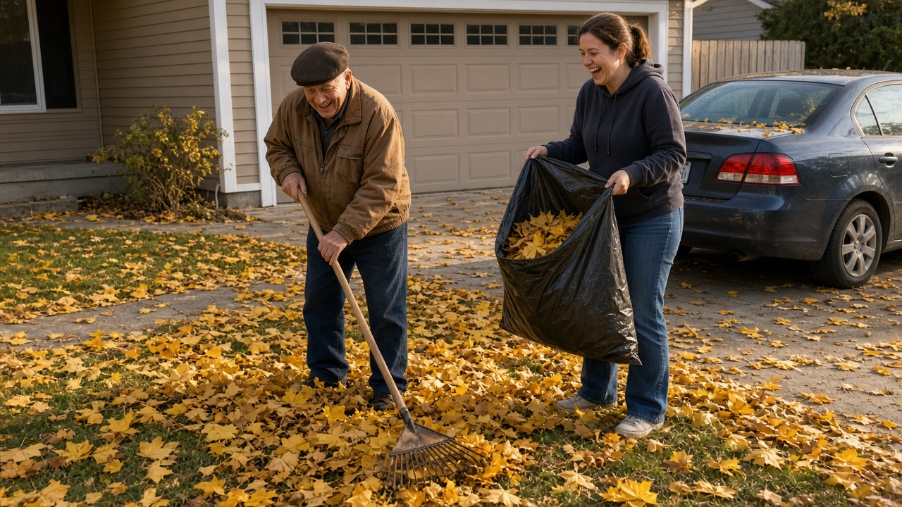 Raking leaves together in the yard